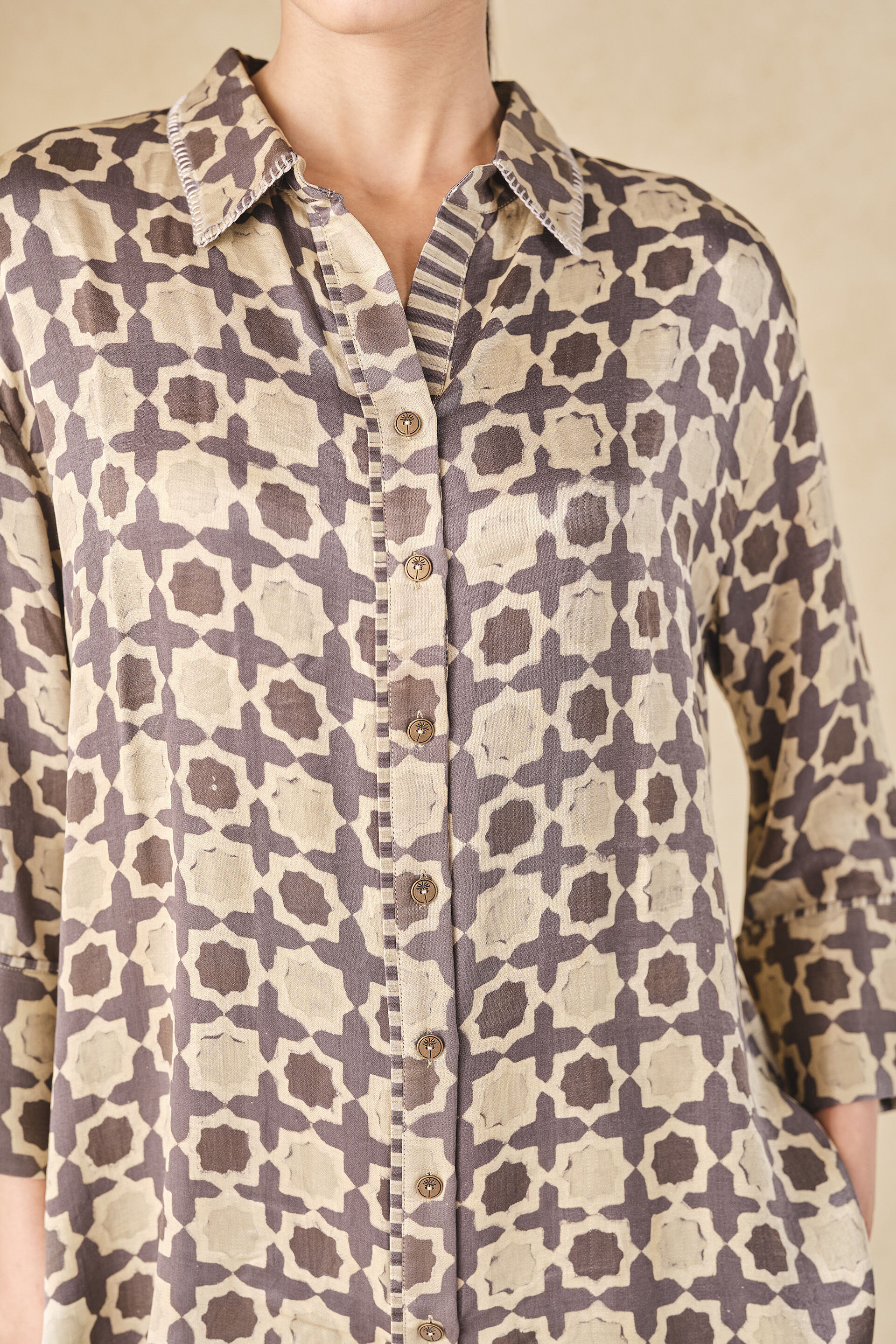 Halidrys Handcrafted Ajrakh Silk Top - Grey, Grey, image 5